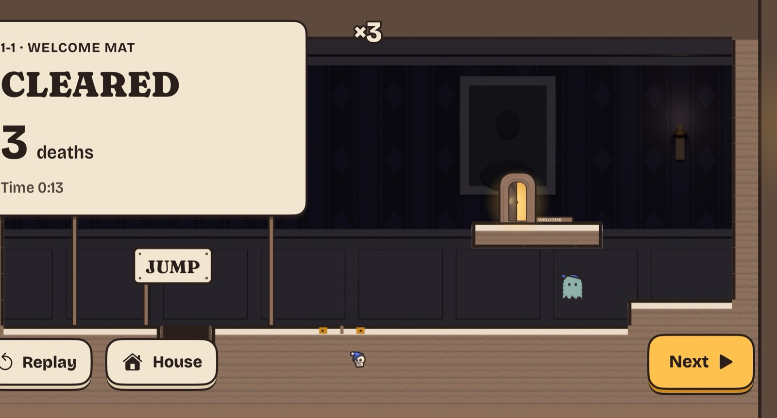 The clear card for level 1-1 reading CLEARED, 3 deaths, time 0:13, with Replay, House and Next buttons, while a mint ghost and a skull in a blue cap replay the earlier attempts.
