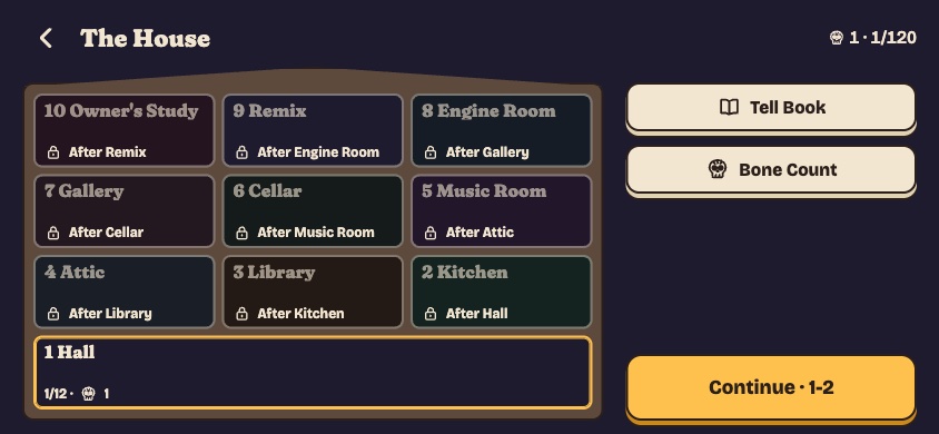 The House map: a dollhouse cross-section of rooms from the Hall at the bottom up to the Owner's Study, most of them locked, with Tell Book and Bone Count buttons.