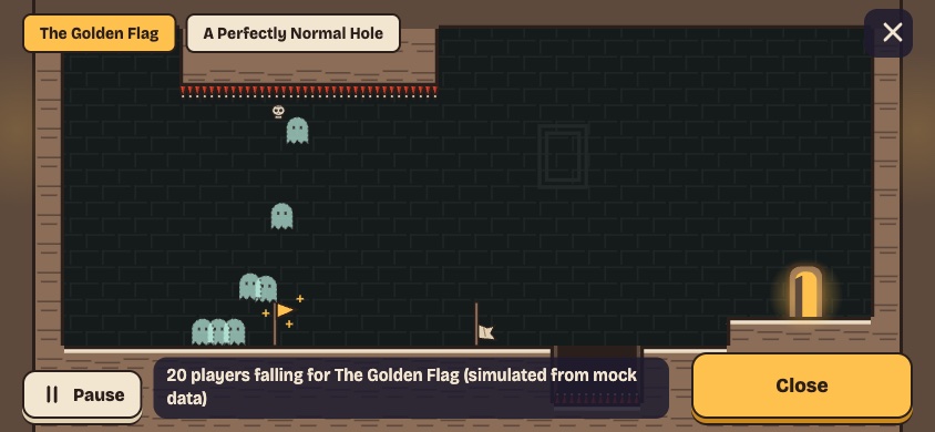Theater view: mint ghosts drifting down toward a golden flag on the floor, with a caption saying 20 players falling for The Golden Flag, simulated from mock data.