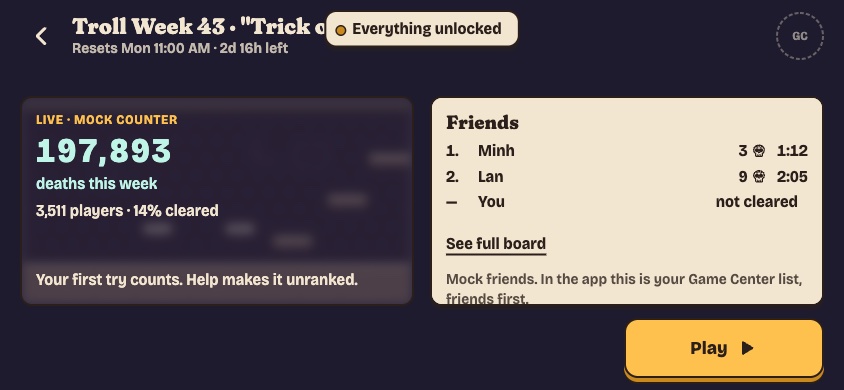 Weekly Troll screen in the prototype with a mock death counter, a friends list and a Play button.