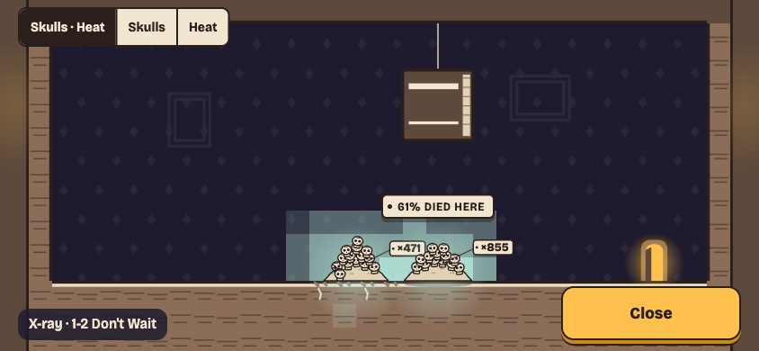 X-ray view of level 1-2: two skull piles under a hanging sign, a mint heat haze over them and a label reading 61% died here.